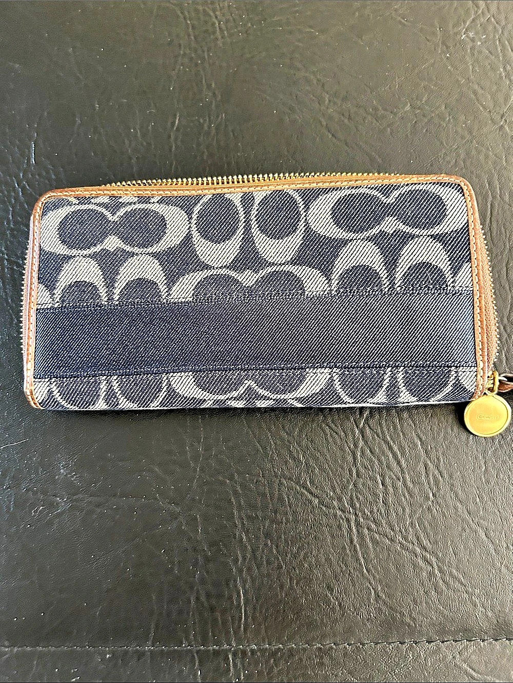 Coach Signature Striped Legacy Denim Accordion Zipper Wallet Blue & Brown